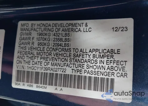 2024 Honda Accord Ex from USA, damaged, VIN 1HGCY1F39RA027722